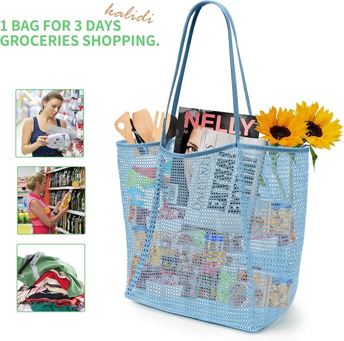 KALIDI Beach Mesh Tote Bag, Casual MAX 23L Summer Foldable Hobo Bag Women | Sandproof Widen Strap Large Shoulder Bag For Lake Pool Vacation Travel Picnic Grocery Market Shopping Carrier - Image 4