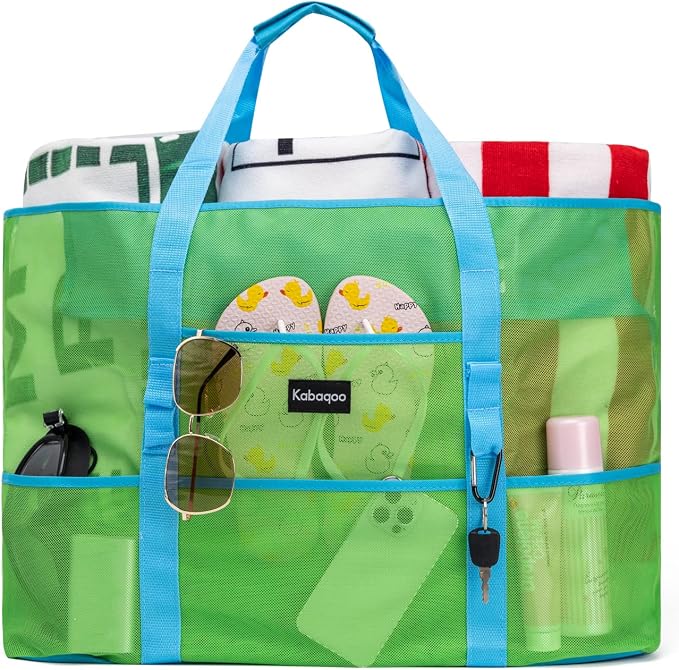 KABAQOO Mesh Beach Bag, Extra Large Beach Bags with 9 Pockets & Zipper Waterproof Lightweight Beach Tote for Beach/Pool Trip by KABAQOO