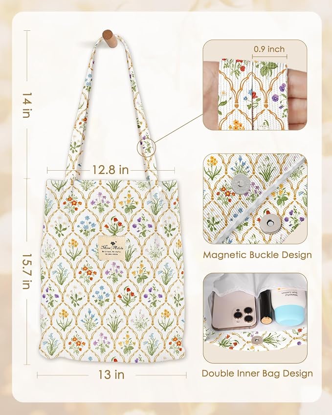 Miss Adola Designer Corduroy Tote Bag for Women | 3 Magnetic Buckles, Aesthetic Pattern, Reusable, Soft, Roomy Carry for Work, Travel, Grocery Runs - Image 5