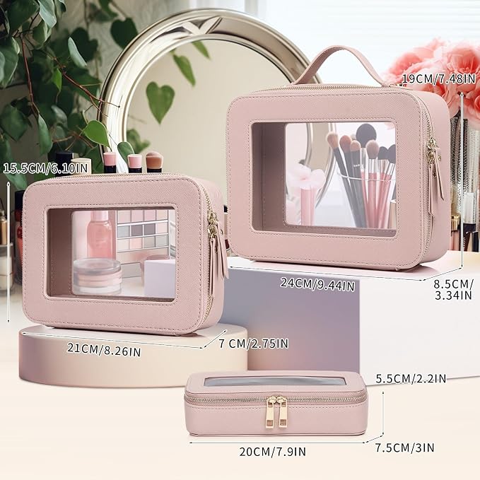 Pinkmik Clear Makeup Bag, (Pink, L+M+SLIM), 3pcs | With Brush Bag, Waterproof Travel Case, For Cosmetics and Toiletries, With Zipper - Image 2