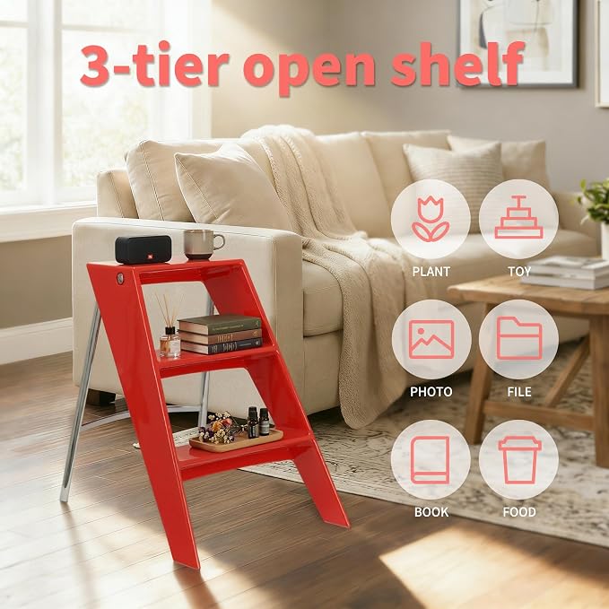 HOTEAGLE Modern Folding Chair - Multifunctional Design Doubles as Step Stool & Storage Shelf, Sturdy Engineering Plastic for Kitchen, Dining & Bistro,Red - Image 8