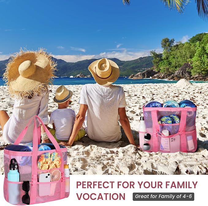 Tavaleu Mesh Beach Bag, Large Capacity Beach Tote, Multi Pockets, Sandproof | Mesh Material, Multiple Storage Pockets, Lightweight & Foldable Design, For Beach & Pool Use, Easy to Clean & Quick Dry - Image 6