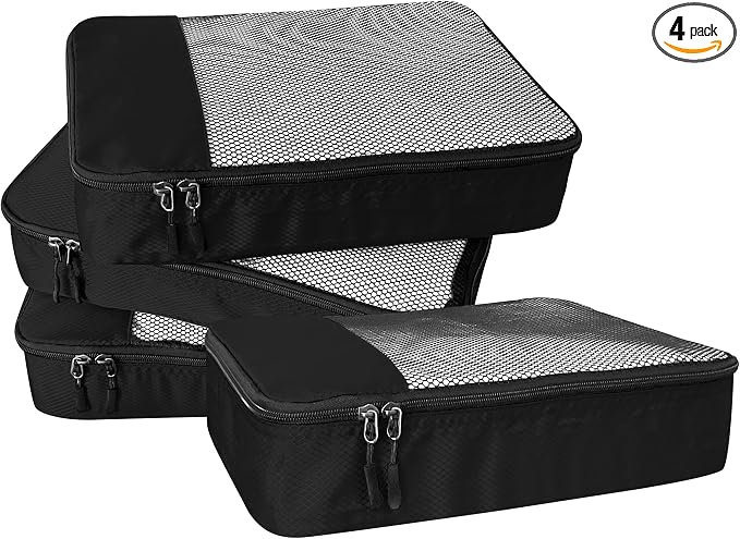 WTREE 4-Piece Packing Cubes Travel Accessories Set for Suitcases - Luggage Organizer Bags with Double Zipper - Mesh Top - Medium - Black by WTREE
