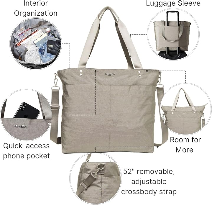Baggallini Carryall Tote - Lightweight Nylon Zipper Top Weekender Travel Beach Bag w/Luggage Sleeve - Image 3