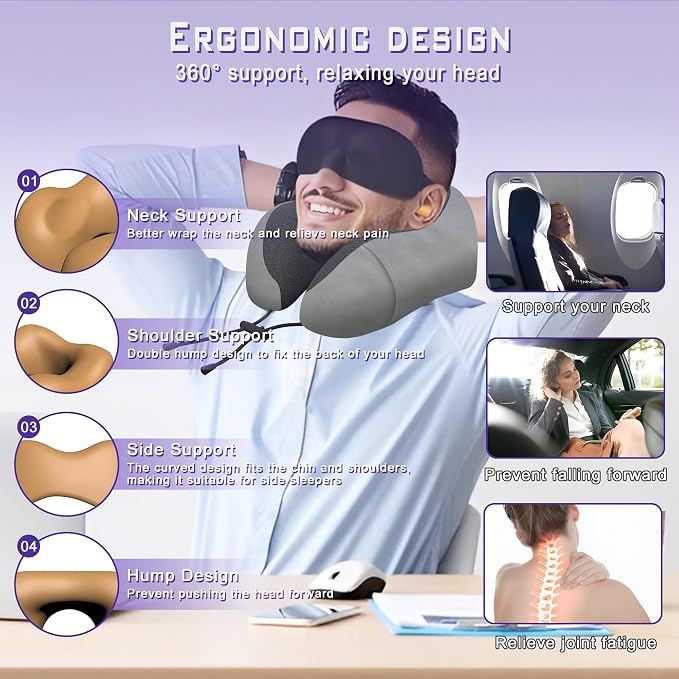 Travel Neck Pillow,Neck Pillow for Sleeping Travel,Airplane, Car, Office | Upgraded Memory Foam Neck Pillow for Travel,Machine Washable, Adjustable Flight Pillow, Suitable for Sleeping (Grey) - Image 3