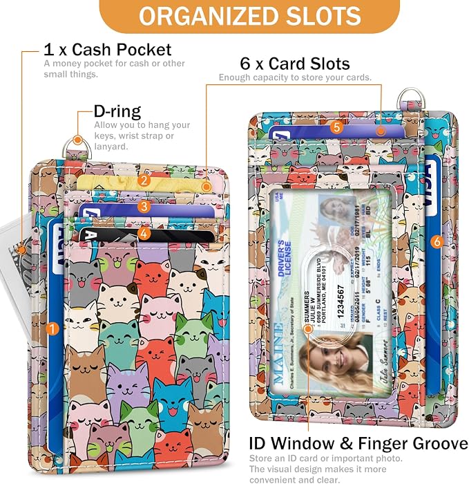 Yonlevres Cat Credit Card Holder Slim RFID Wallet Women Small Travel Cute | Front Pocket, Handy, RFID Blocking, Woman Girls Ladies Gifts, D-ring for Keychain,Thin Mini Card Case, ID Window, PU Leather - Image 4