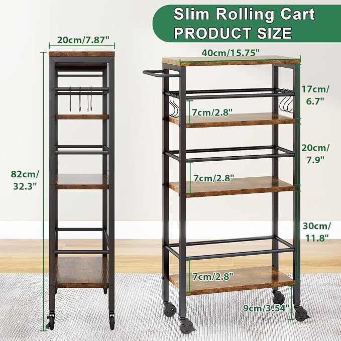 IBUYKE Slim Rolling Storage Cart, Kitchen Cart Utility Shelving UTMJ065H | 4-Tier, with Lockable Wheels,Handle&6 Hooks, 7.9" wide,for Kitchen, Laundry, Bathroom, Rustic Brown - Image 5