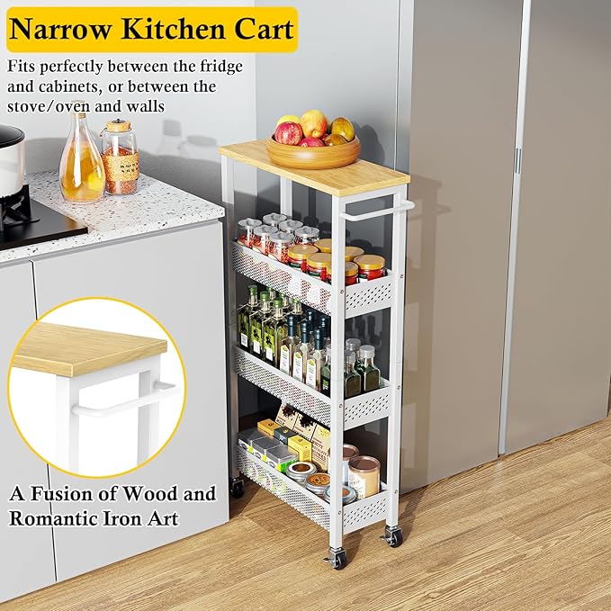 OKZEST Slim Laundry Room Organization Cart with Upgraded Metal Hub Casters | Fits between washer & dryer, 4-Tier space-saving narrow rolling cart, Premium wood top & metal mesh shelf, with handle & hook - Image 4