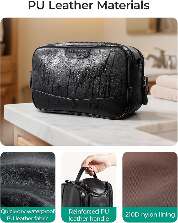 BAGSMART Medium Toiletry Bag for Men, PU Leather Water Resistant, Black | High-gloss, Travel Bag for Toiletries, Dopp Kit, Shaving Bag for Bathroom Shower - Image 3