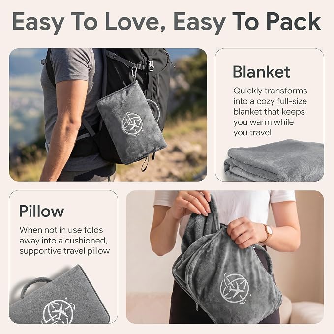 2-in-1 Travel Blanket and Pillow – Lightweight, Compact, Ultra Soft, Machine Washable – Handle, Luggage Sleeve, Backpack Clip – for Travel Airplane, Car, Office (Gray) - Image 4