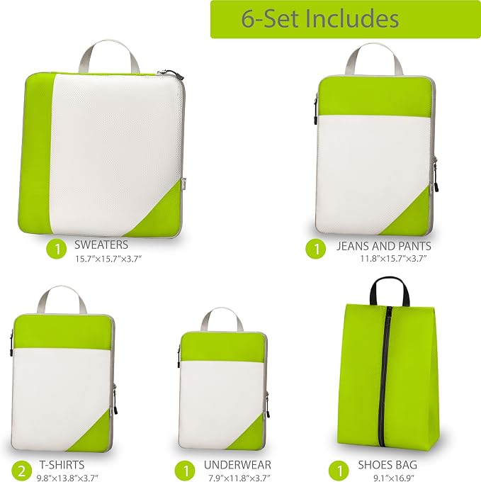 Compression Travel Packing Cubes with White Mesh, Green, 6Pcs | Waterproof fabric and See-Through Mesh, Space-Saving Compression Organizer for Travel and Daily Clothes Storage - Image 2