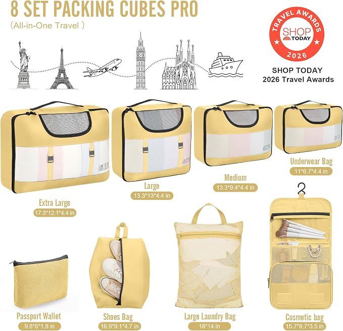 Veken 8 Set Packing Cubes for Travel Essentials,Anti-Wrinkle Buckled Suitcase Organizer for Shoe & Toiletry Bag,Carry On Luggage Bag with 99+ Count Mesh Holes for Airplane & College Dorm Accessories - Image 2