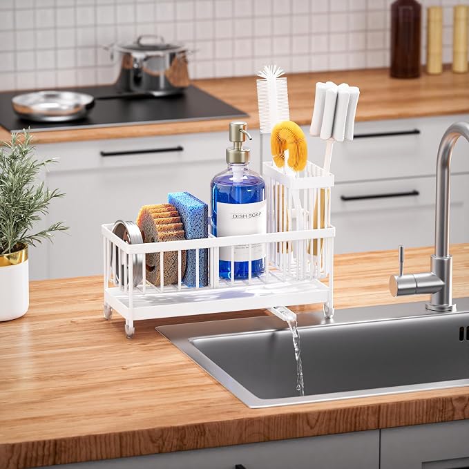Cisily Sponge Holder for Kitchen Sink, Sink Caddy Organizer with High Brush Holder, Kitchen Countertop Organizers and Storage Essentials, Rustproof 304 Stainless Steel (White, 9.25″) - Image 7