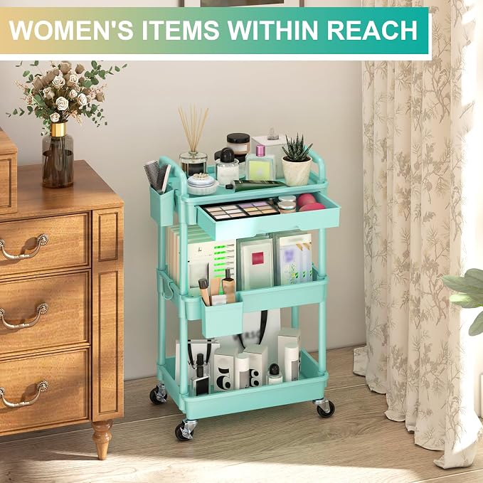 Goovilla 3 Tier Rolling Utility Cart Organizer with Removable Drawer, Blue | Stable and Sturdy Rolling Storage Carts with 2 Lockable Wheels for Bathroom, Kitchen, Snack, Craft, Makeup, Baby Essentials - Image 5