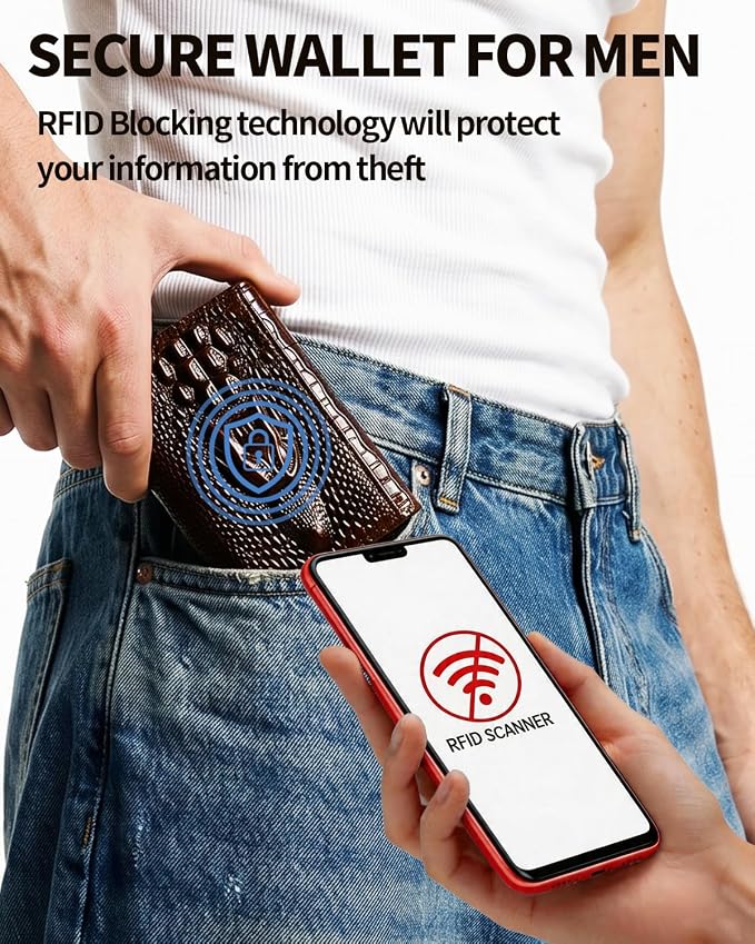 STEELLION Men's Trifold Wallet, Cowhide, 13 Card Slots, ID Window, RFID | Croc-embossed cowhide with a removable chain; practical organization for office, travel, and everyday carry (Coffee) - Image 2