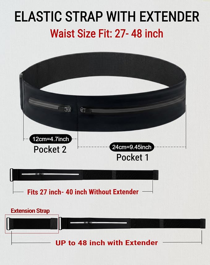 Running Belt for Men&Women– Water Resistant Waist Pack for Phone– No-Bounce Elastic Strap with Extender Up to Plus Size(Black) - Image 5