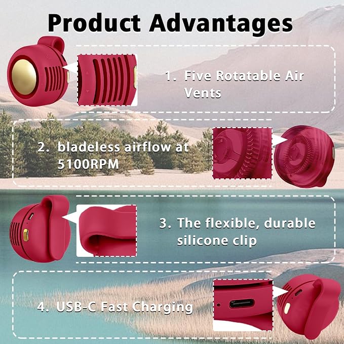 Portable Clip-On Fan, Mini USB Rechargeable 360° Rotatable Fan, Personal Fan 3-Speed Silent Mini Bladeless Fans (1 pack（Red）) - Image 3