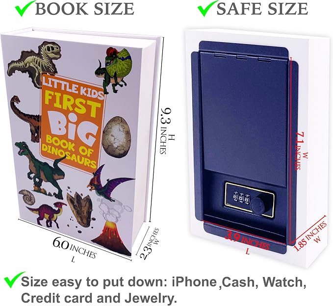 Deversion Book Safe Storage Box with Real Pages Combination Lock and Key Lock Box Money Safe Book Storage Lock Boxes for Personal Items 9.3''x6.0''x2.3'' (Dino-Combo) - Image 8