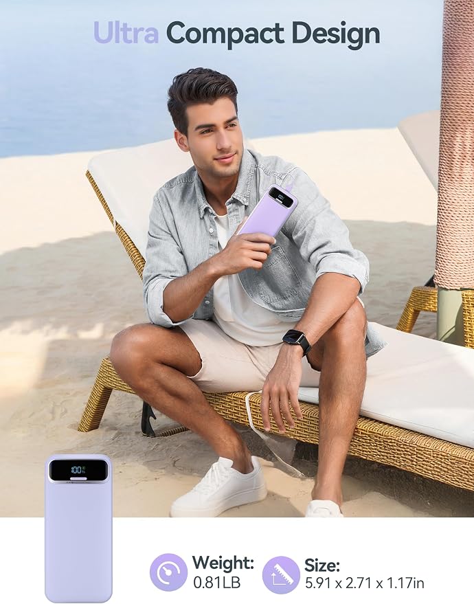 aonidi Portable Charger 20000mAh with Built-in Cables&AC Wall Plug, Purple | PD20W Fast Charging,Travel Essential,TSA Approved,LED Display,All in One USB C Power Bank for All Cell Phones Devices - Image 8