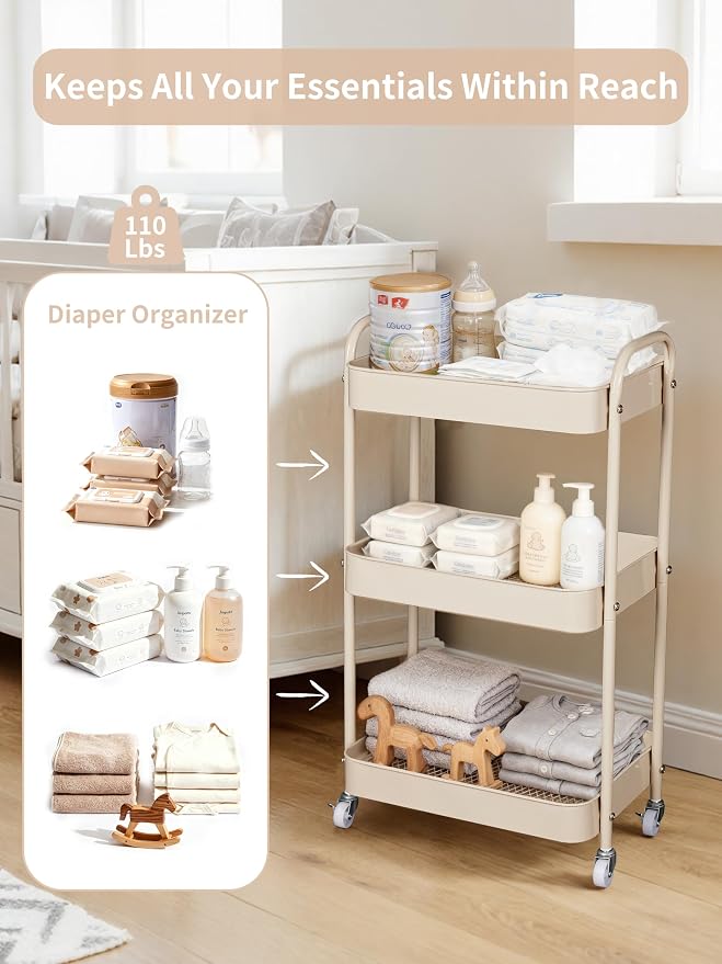 Baby Diaper Caddy, 3 Tier Rolling Cart for Baby Essentials, Taupe | Diaper Cart with Detachable Dividers, Nursery Storage & Bottle Organizer, Bedside Caddy for Bedroom and Living Room - Image 3