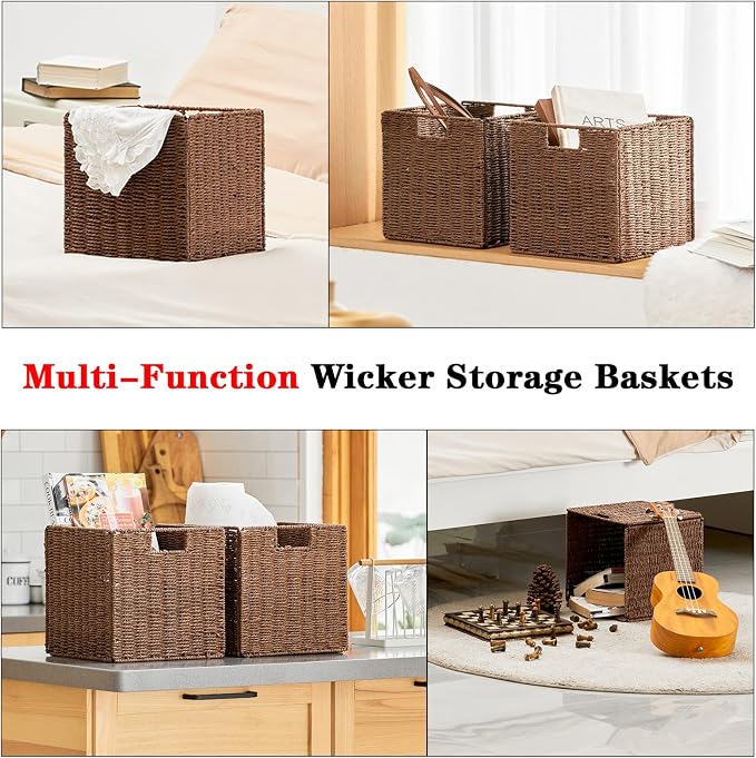 Wicker Storage Basket, Set of 2 Hand-Woven Storage Baskets for Shelves with Handles, Foldable Cube Storage Baskets Bins Organizer, 13 inch Large Wicker Baskets for Pantry Bedroom Decor, Brown - Image 5