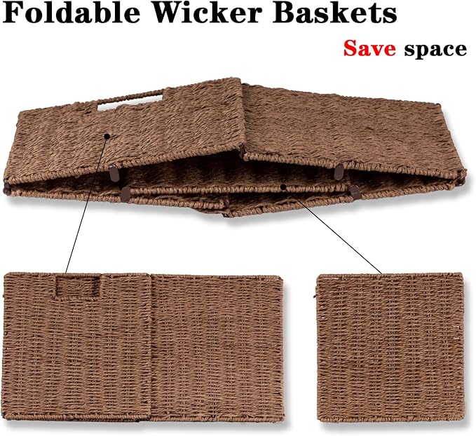 Wicker Basket, Set of 2 Hand-Woven Paper Rope Storage Baskets for Organizing, Foldable Cubby Storage Bins, 11 Inch Large Wicker Storage Basket, Square Baskets Cube Storage Organizer, Brown - Image 7