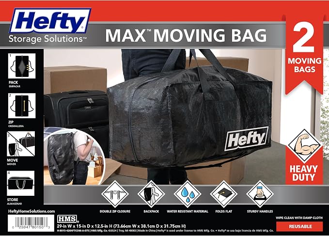 Hefty Moving Bag – Extra Large Double Zipper Backpack – Heavy Duty, Water Resistant, Foldable, Reusable Packing & Storage Tote with Shoulder Straps for Garage and Basement Organization – 2 Pack - Image 2