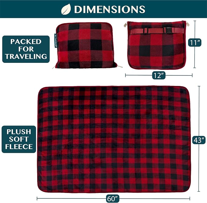 PAVILIA Travel Blanket Pillow, Soft Airplane Blanket 2-IN-1 Combo Set, Plane Blanket Compact Packable, Flight Essential Car Pillow, Travelers Gift Accessories Luggage Backpack Strap, 60x43 Checker Red - Image 6
