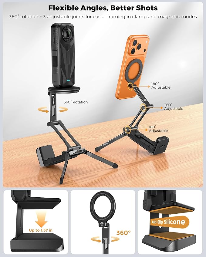 OMOTON TP02-Ultra Magnetic Action Camera Mount for DJI/GoPro iPhone, Black | Arca-type Adapter with 1/4" Screw, 4 in 1 Phone Tripod for Travel Vlog, Adjustable & Swivel, for iPhone 12-17 Series - Image 8
