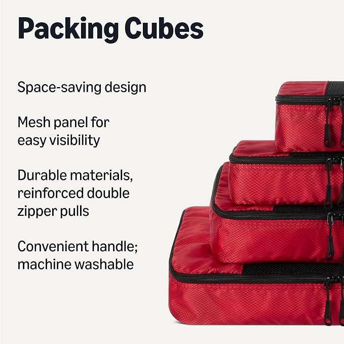 Amazon Essentials 4-Piece Packing Cubes Travel Accessories Set, Luggage Organizer, Double Zipper, Mesh Top, Space-Saving Suitcase Organizer, Small/Medium/Large/Slim, Red (Previously Amazon Basics) - Image 2