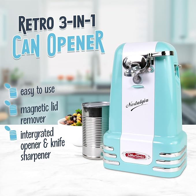 Nostalgia Retro Electric Can Opener for Kitchen with Magnetic Lid Remover, Knife Sharpener, and Soda or Beer Bottle Opener, Aqua - Image 2