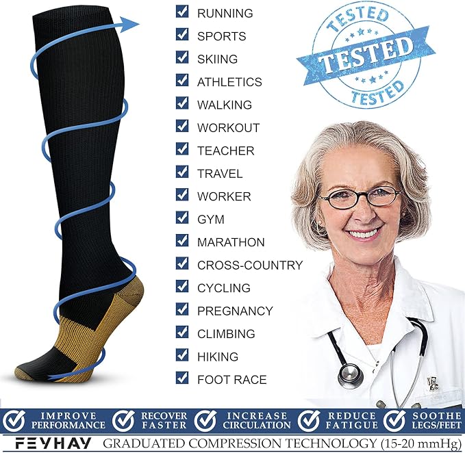 FEYHAY Copper Compression Socks (3 Pairs) 15-20 mmHg Circulation is Best Athletic & Daily for Men & Women, Running, Climbing - Image 6