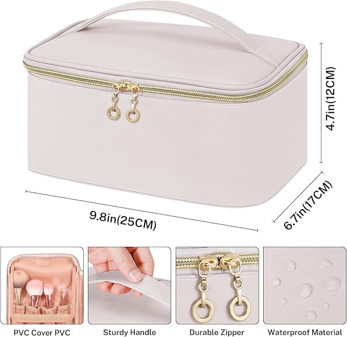 senbowe Travel Makeup Bag, Large Capacity Cosmetic Bags for Women,Portable Waterproof Leather Toiletry Bag Make Up Organizer Bag with Divider and Handle - Image 2