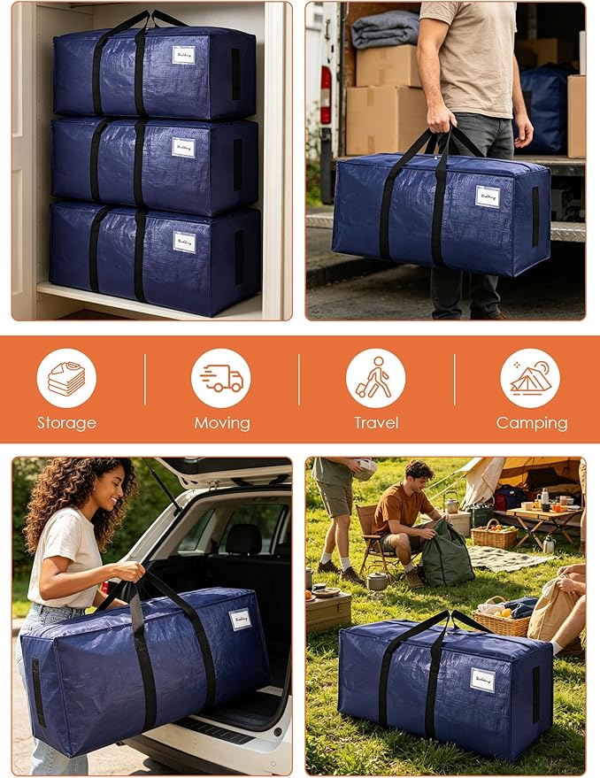 SWEET DOLPHIN 8 Pack 200LB Heavy-Duty Moving Bags with Wrap-Around Handles, Extra Large Storage Totes for Space Saving, Clothes Storage Bags, College Dorm Essentials, Blue, 24 Gal - Image 6