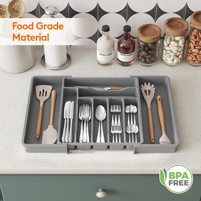 Lifewit Expandable Silverware Drawer Organizer, Kitchen Utensil Tray | BPA-free Plastic Flatware Cutlery Holder, Space-Saving Storage for Spoons Forks Knives, 13-22.4 x 15“, Gray - Image 9