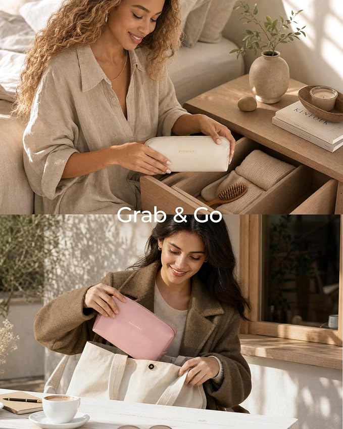 BAGSMART Makeup Bag Travel 3 Pcs Set Cosmetic Bag,Toiletry Bag,Cream Beige | 3 Pcs Set Large Make Up Bag Flat Open for Women, PU Leather Travel Essentials Organizer, Wide-open Pouch for Skincare,Brushes - Image 9