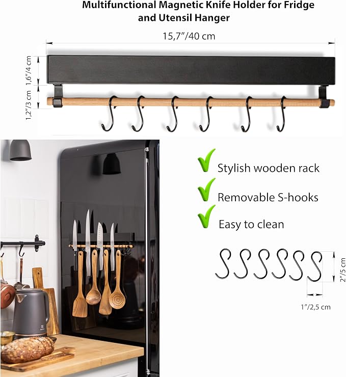 Premium Magnetic Knife Holder for Refrigerator with Hooks – 16 Inch Professional Double Sided Black Magnetic Knife Strip and utensil hanger for Fridge-Stainless Steel Magnet Knife Bar Wall - Image 4