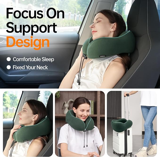 Travel Pillows for Airplanes,100% Pure Memory Foam Travel Neck Pillow | Washable Cotton Cover,Comes with 3D Eye Mask,Earplugs,Storage Bag,Ideal Travel Gift,Relieve Neck Pressure,Dark Green - Image 3