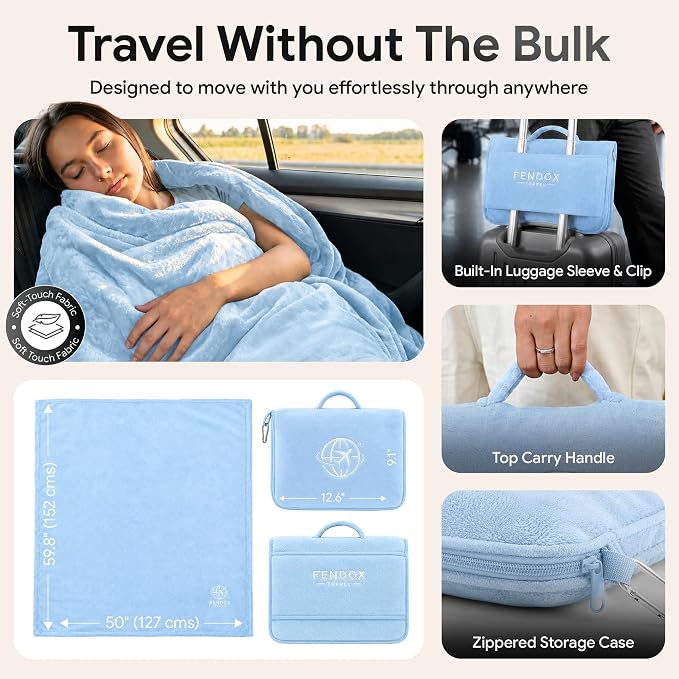 2-in-1 Travel Blanket and Pillow – Lightweight, Compact, Ultra Soft, Machine Washable – Handle, Luggage Sleeve, Backpack Clip – for Travel Airplane, Car, Office (Light blue) - Image 3