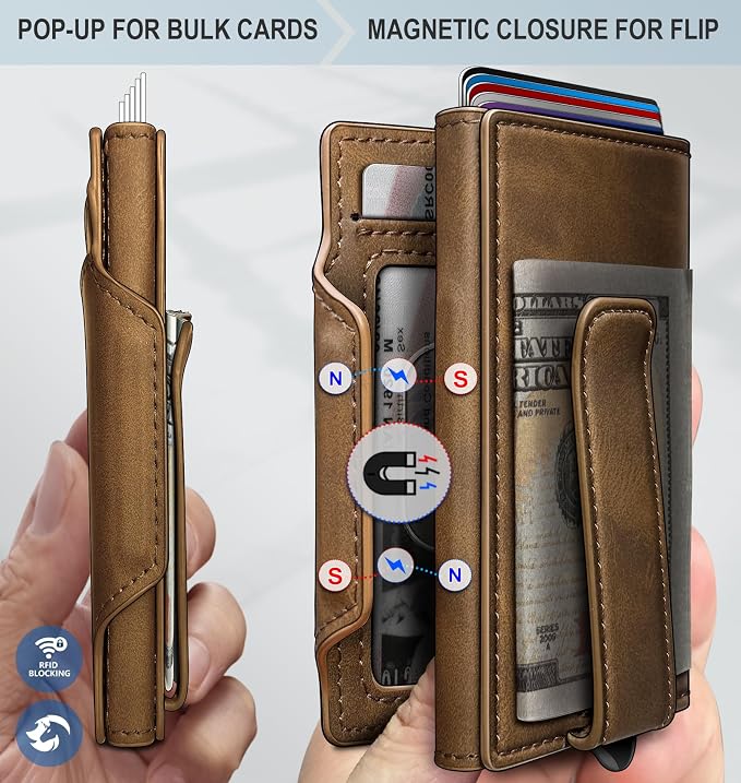 Wallet for Men, Slim Pop Up Card Holder with RFID Blocking, Minimalist Bifold Wallet with 10 Card Slots, 2 ID Window and Money Clip, Metal Flip Case with Magnetic Closure, Gift Box - Image 3