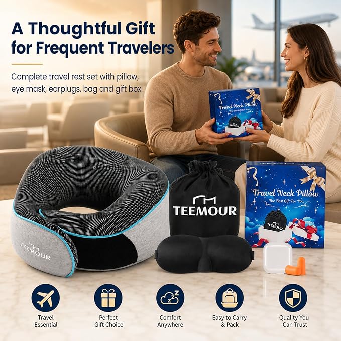 Travel Pillow-Neck Pillows for Airplanes, Memory Foam Travel Neck Pillow for Long Flights|Airport Travel Essentials 360° Support Gifts for Travellers With Eye Mask & Earplugs, Portable Carry Bag - Image 7