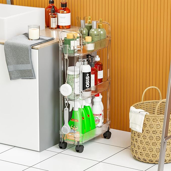 3 Tier Slim Rolling Storage Cart with Wheels for Small Space,Clear Modern Design Slim Utility Cart Suitable as Bathroom Cart Organizer Shelf,Skinny Bathroom Storage Rack,Narrow Laundry Cart on Wheels - Image 5