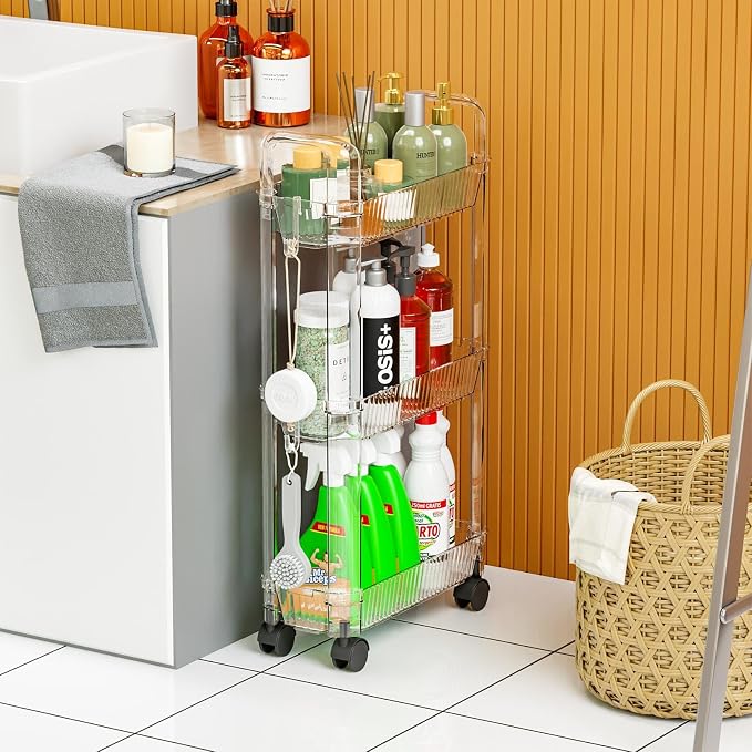 3 Tier Rolling Cart with Wheels,Clear Narrow Bathroom Rack Organizer,Slim Storage Cart,Three Tier Thin Shelf and Narrow Rolling Utility Cart for Small Space Shelf,Dorm Room,Kitchen,Laundry - Image 5