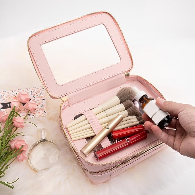 Aveniee XL Clear Makeup Organizer,Double Layer Travel Cosmetic Case with Brush Holder & Zippered Compartments, Large Toiletry Bag Train Case for Women.2 Layers, Pink - Image 6