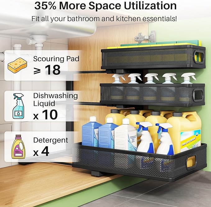 Kitstorack Under Sink Organizer, 2-Pack 3-Tier Height Adjustable Thickened Metal Pull out Cabinet Organizer Shelf, Slide out Storage Drawer Rack for Bathroom Kitchen Pantry Home Laundry Organization - Image 5