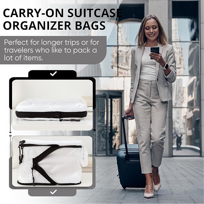8 Piece Compression Packing Cubes Set - Double Capacity Design for Travel - Small, Medium & Large Sizes - Carry-On Suitcase Organizer Bags (White) - Image 3