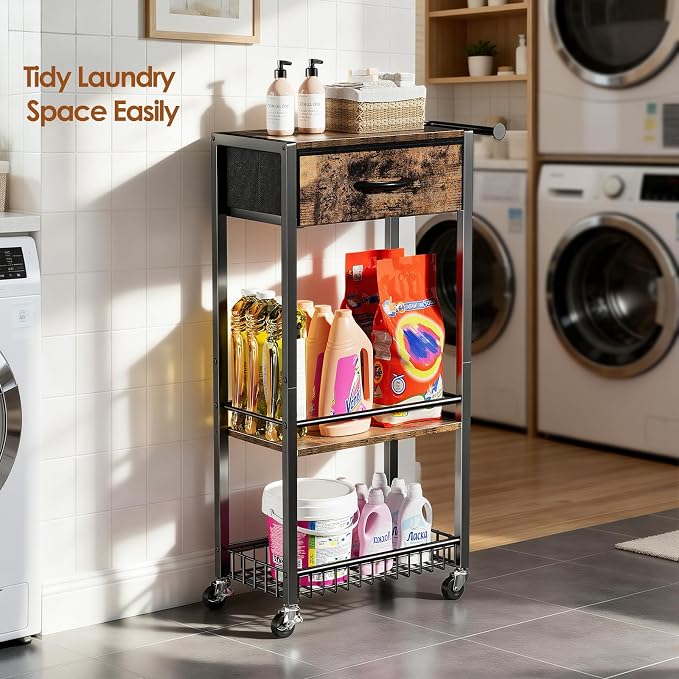 Lewondr 3-Tier Slim Storage Cart with Drawer, Rolling Utility Cart, Black | Handle & Lockable Wheels, with Wood Top, Metal Frame, Kitchen Bathroom Laundry Room Organizer for Small Spaces - Image 7
