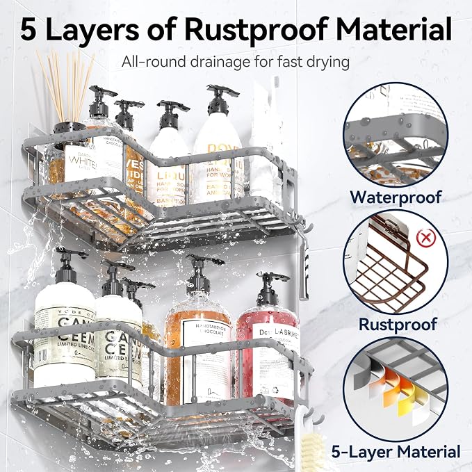 Corner Shower Caddy Adhesive, 100% Rustproof Shower Organizer with Soap Holder, No Drill Shower Shelf for Inside Shower, Wall-Mounted Shower Storage for Homes (3 Pack, Grey) - Image 5
