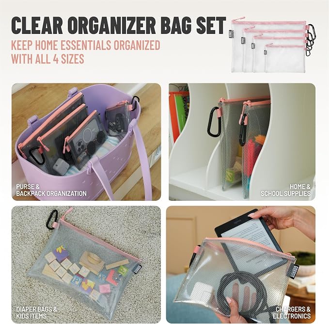 Air Production Multi‑Size Clear Zipper Pouch (4‑Pack) – Cable Organizer & Travel Gear Bag for Electronics, Camera Accessories, Tool Pouch & Small Tech Storage (Pink) - Image 2