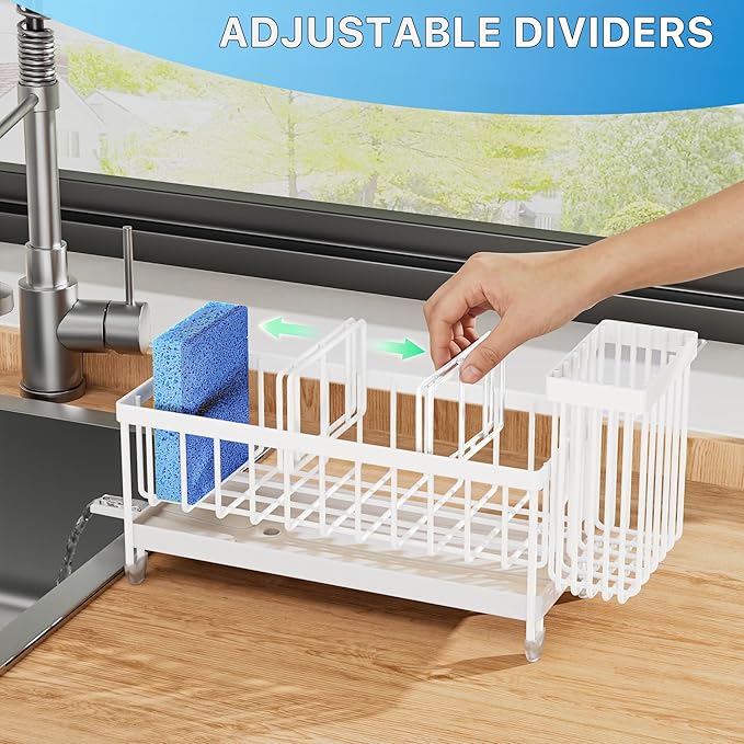 Cisily Sponge Holder for Kitchen Sink, Sink Caddy Organizer with High Brush Holder, Kitchen Countertop Organizers and Storage Essentials, Rustproof 304 Stainless Steel (White, 9.25″) - Image 5